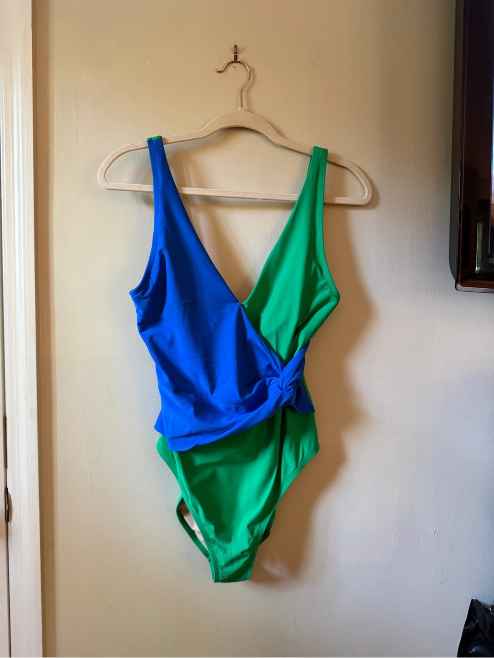 J.Crew Blue Green Colorblock Wrap Front One Piece Swimsuit Size M